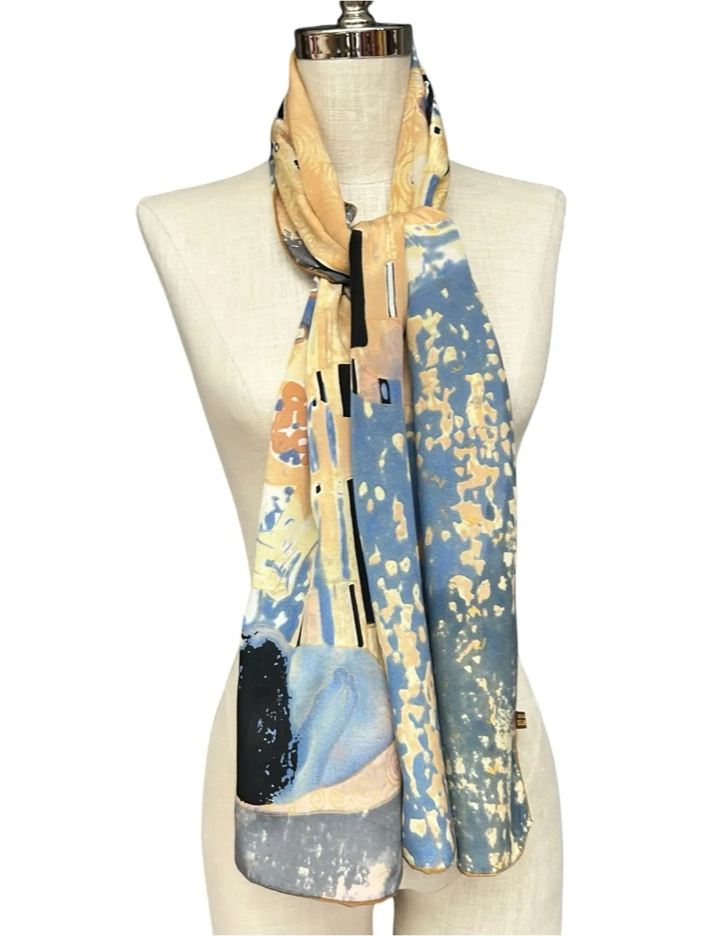 Gustav Klimt The Kiss Art Print 100% Silk Oblong Scarf Blue Gold 62x16